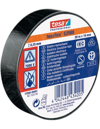 Cinta aislante 53988-20mx19mm negra de tesa-tape caja de 10 unidades