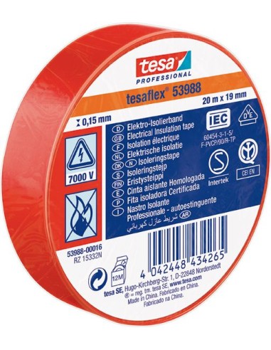 Cinta aislante 53988-20mx19mm roja de tesa-tape caja de 10 unidades