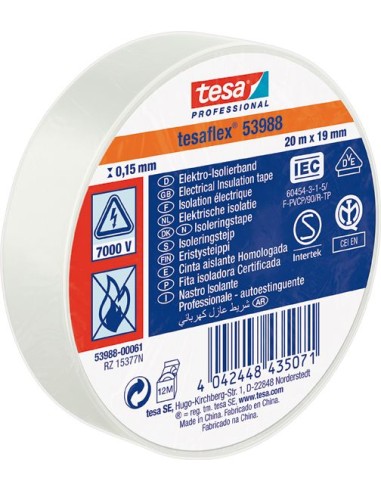 Cinta aislante 53988-20mx19mm blanca de tesa-tape caja de 10 unidades