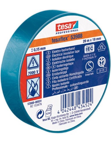 Cinta aislante 53988-20mx19mm azul de tesa-tape caja de 10 unidades