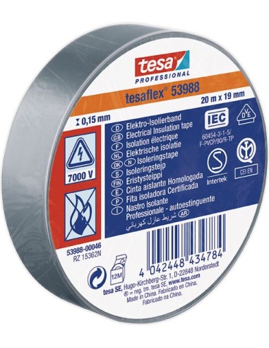 Cinta aislante 53988-20mx19mm gris de tesa-tape caja de 10 unidades