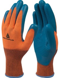 Guante poliester/latex ve733 talla 07 naranja/azul de deltaplus caja de 12 unidades