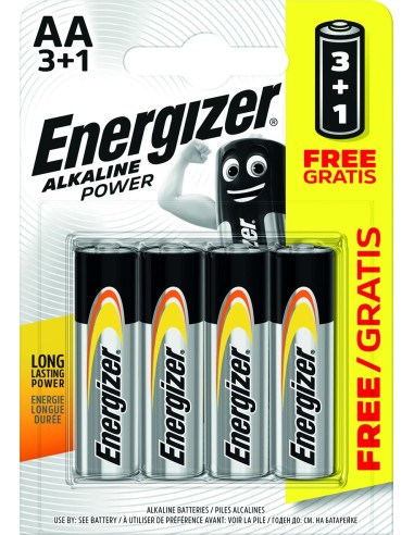 Pila alcalina power lr06 aa bp4 3+1 de energizer caja de 24 unidades