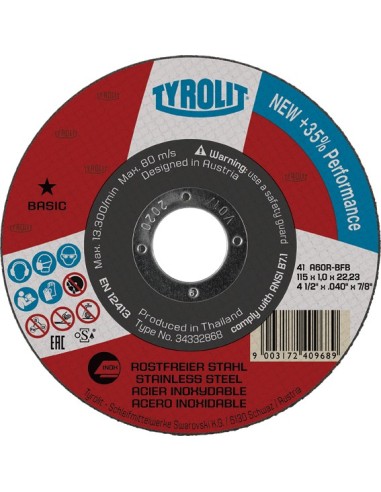 Disco 41 a60r-bfb a.inox 115x1x22,2 basi de tyrolit caja de 25 unidades