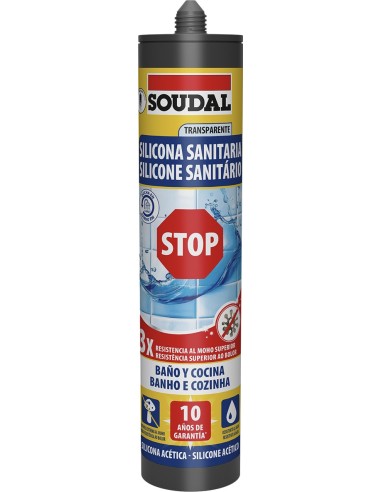 Silicona stop sanitaria 290ml-172822 transparente de soudal caja de 12 unidades